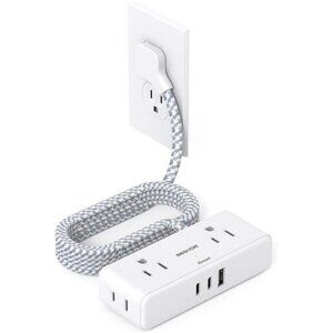Flat Extension Cord 6 feet Flat Plug Power Strip 4 Widely Outlets with 3 USB P